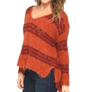Free People High Low Open Knit Sweater in Pumpkin/ Plum Stripe Combo Size XS